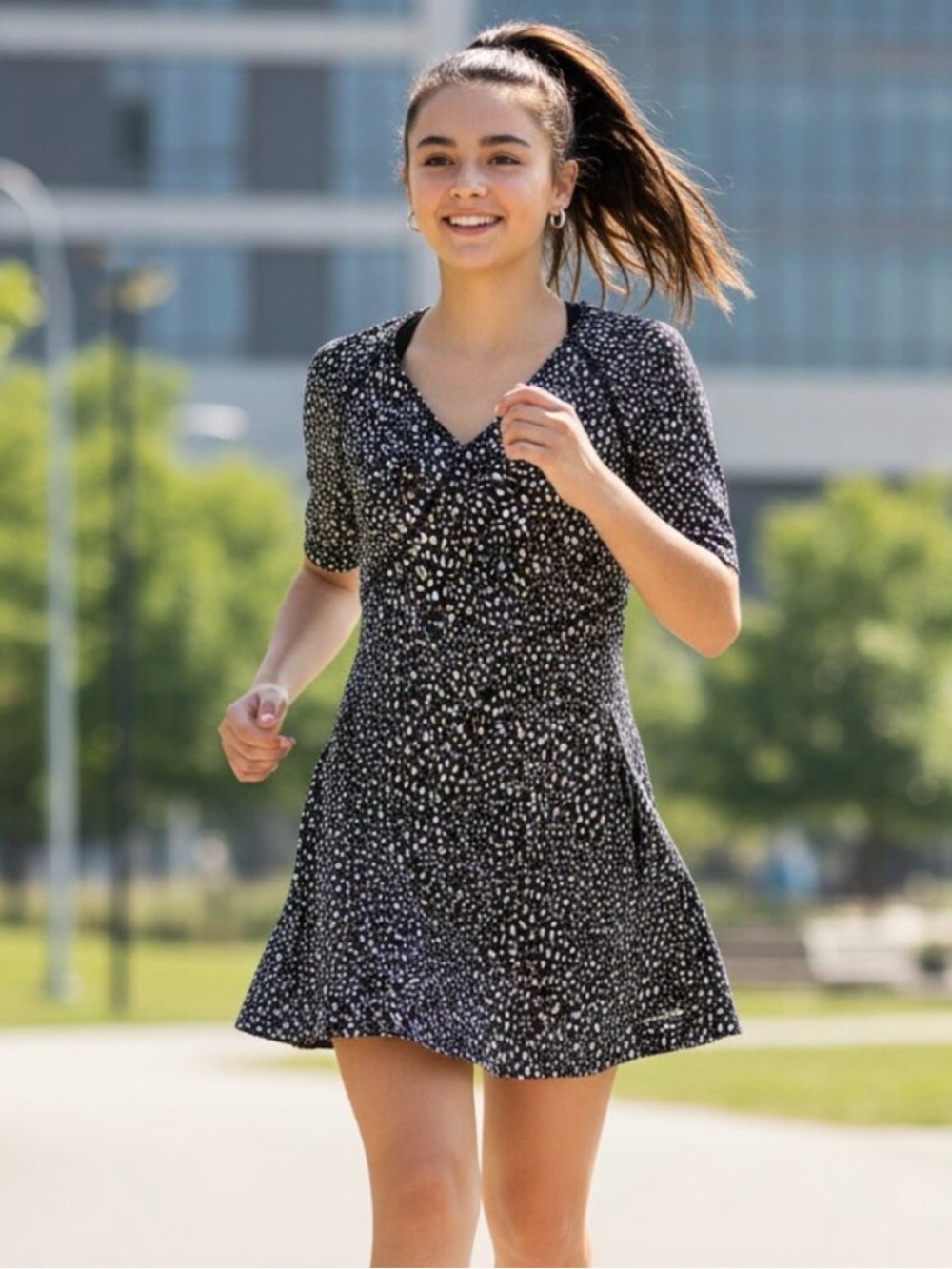 Title Nine Sayonara Cafe Sleeve Black/White Dot Activewear Dress, Size Small